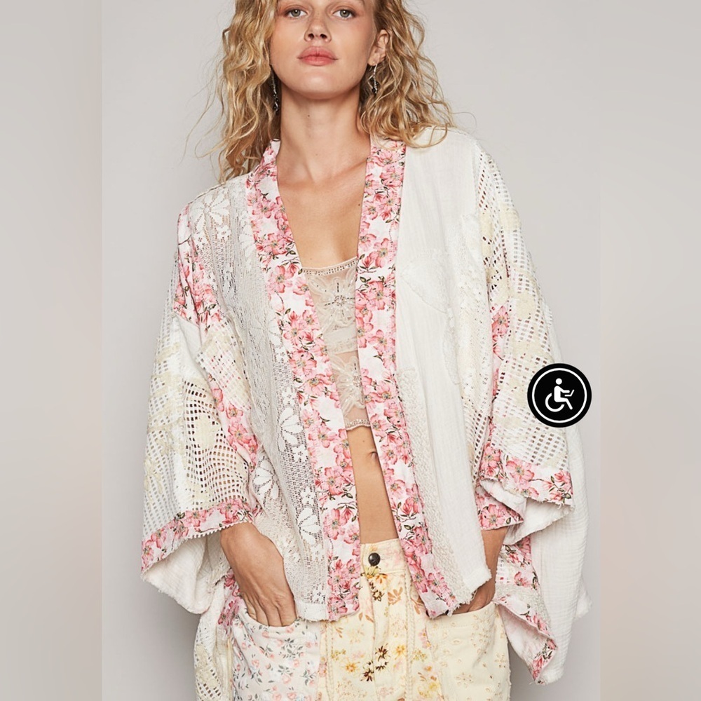 POL Medium Pink Floral Lace Kimono Cardigan
